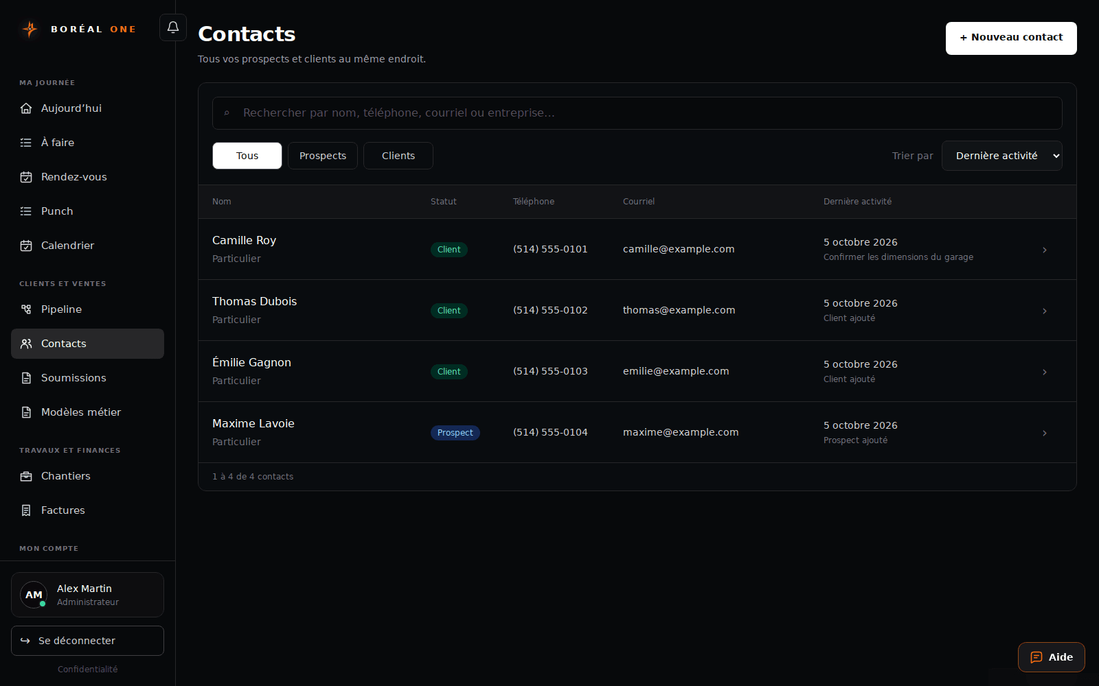 Add and find a customer — interface with fictional data