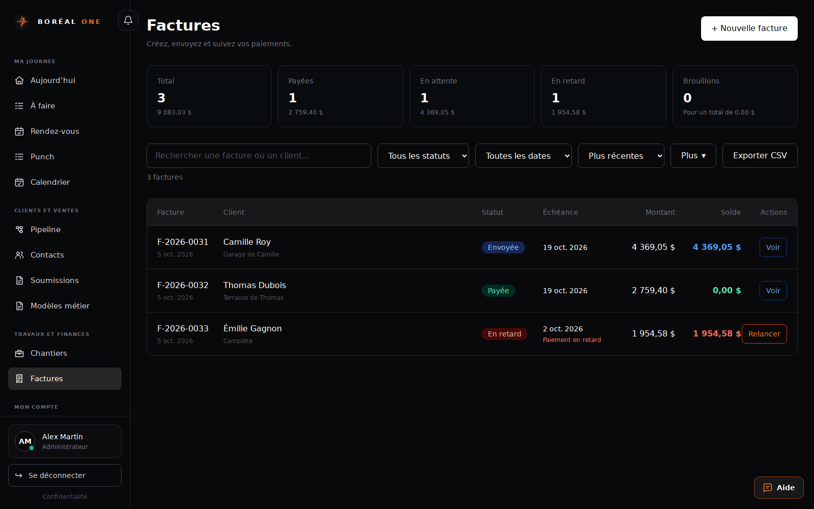 Invoice and record a payment — interface with fictional data