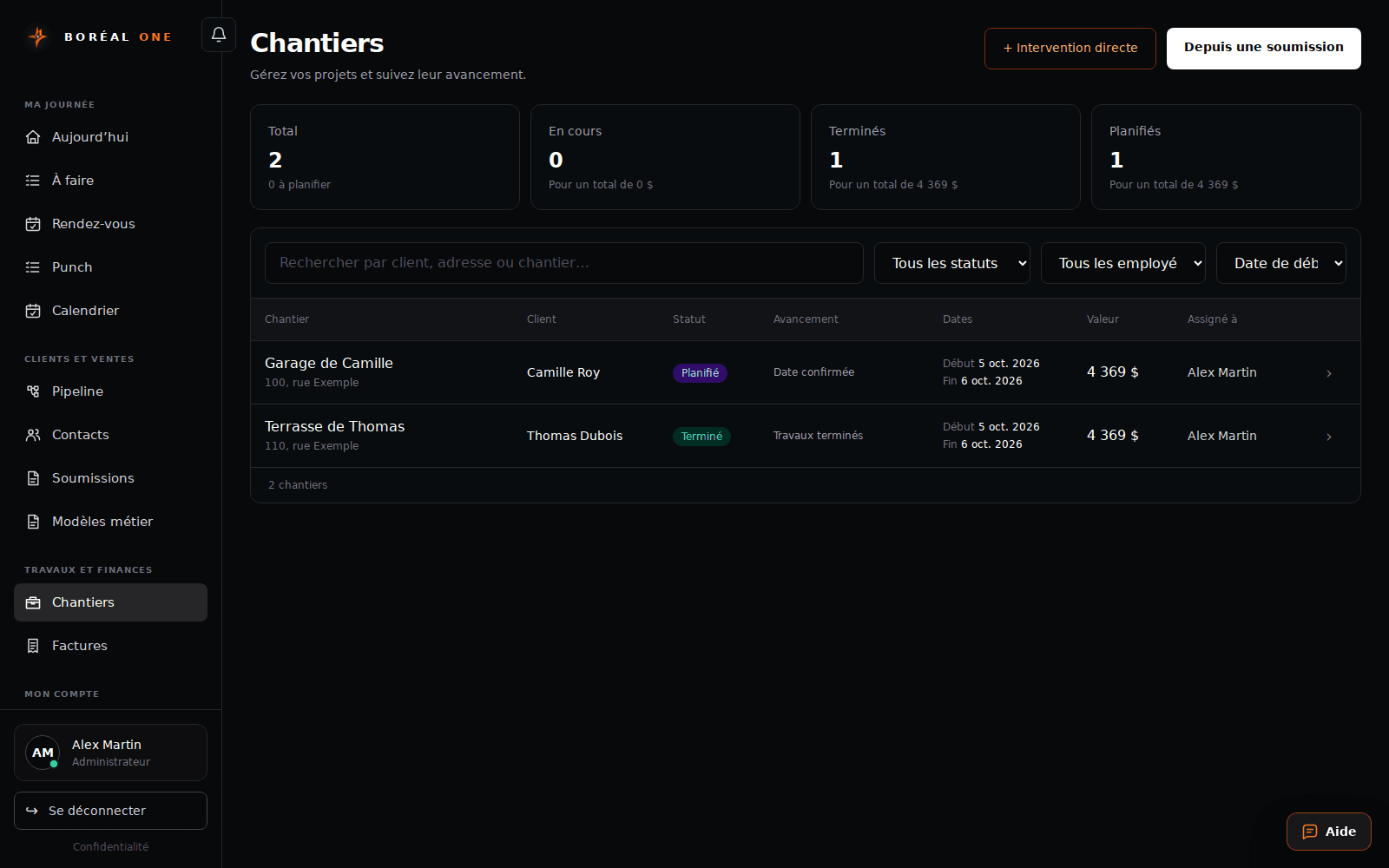 Schedule and follow a job — interface with fictional data