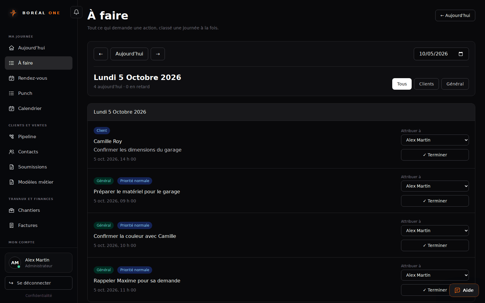 Gérer les tâches et suivis — interface avec données fictives